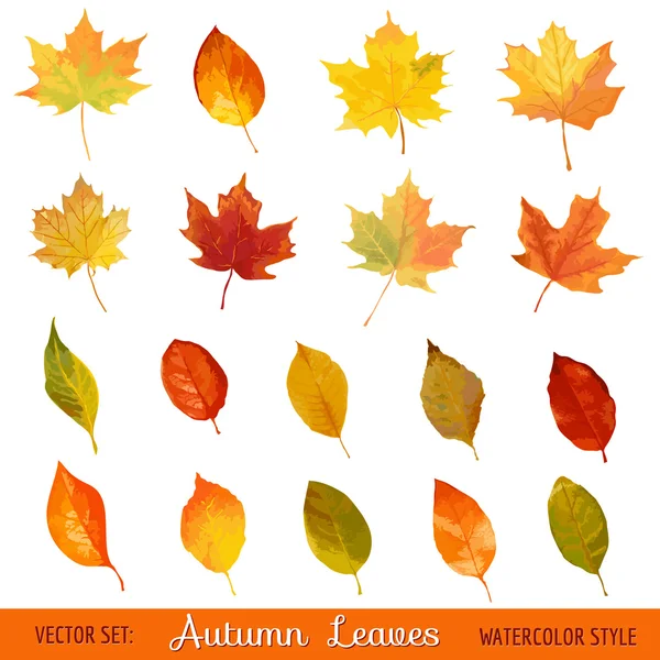 Set vettoriale: foglie autunnali colorate in stile acquerello — Vettoriale Stock