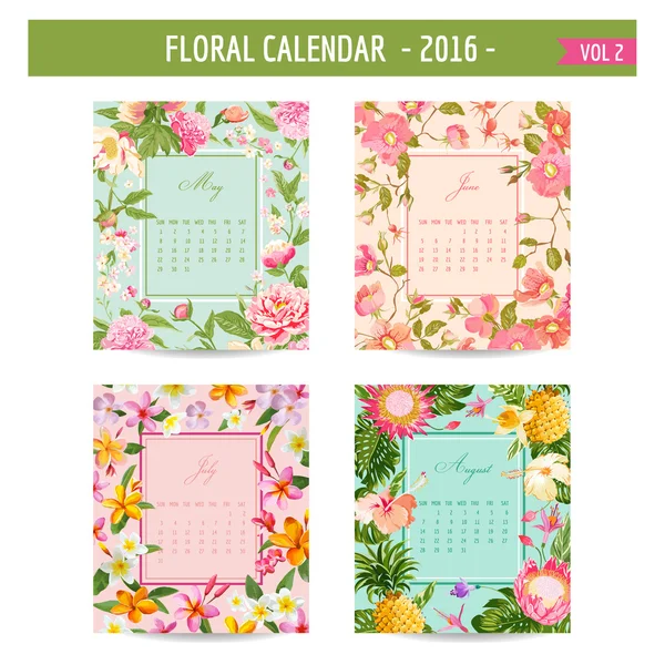 Blommig kalender - 2016 - med Vintage blommor - i vector: volym 2 — Stock vektor