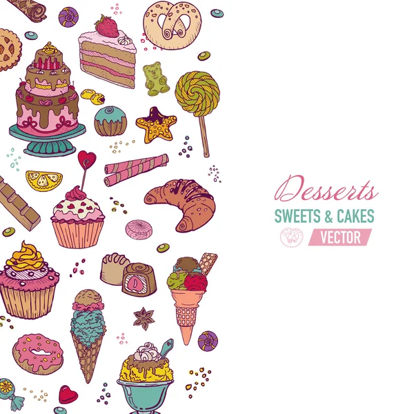 Bunter Hintergrund - mit Kuchen, Süßigkeiten und Desserts — Stockvektor