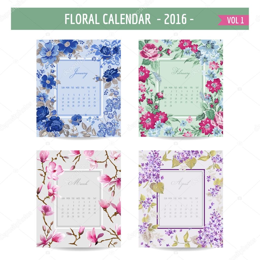 Floral Calendar - 2016 - with Vintage Flowers - in vector : volume 1