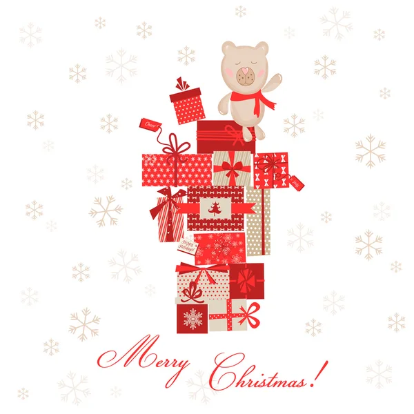Cartão de Natal Vintage - Presentes de Natal com Urso - em vetor — Vetor de Stock