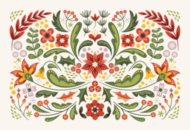 Christmas decorative nature floral composition with flower bloom, leaves and berries colorful folk style vector illustration. Winter holiday festive vintage ornamental plant design vector illustration