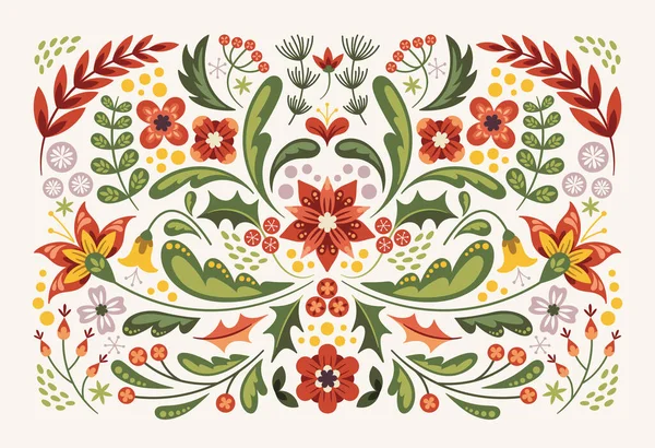 Christmas decorative nature floral composition with flower bloom, leaves and berries colorful folk style vector illustration. Winter holiday festive vintage ornamental plant design vector illustration