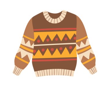 Örgü süveter, estetik geometrik baskı, rahat giysi.