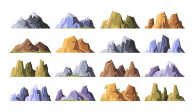Karikatür dağları farklı kayalar, kayalar, dağ sırtları ve tepelerle kuruludur. Manzaralı manzara elemanları vektör illüstrasyonudur. Rocky zirve aralığı doğa keşif sembolleri vektör illüstrasyonunu şekillendirir