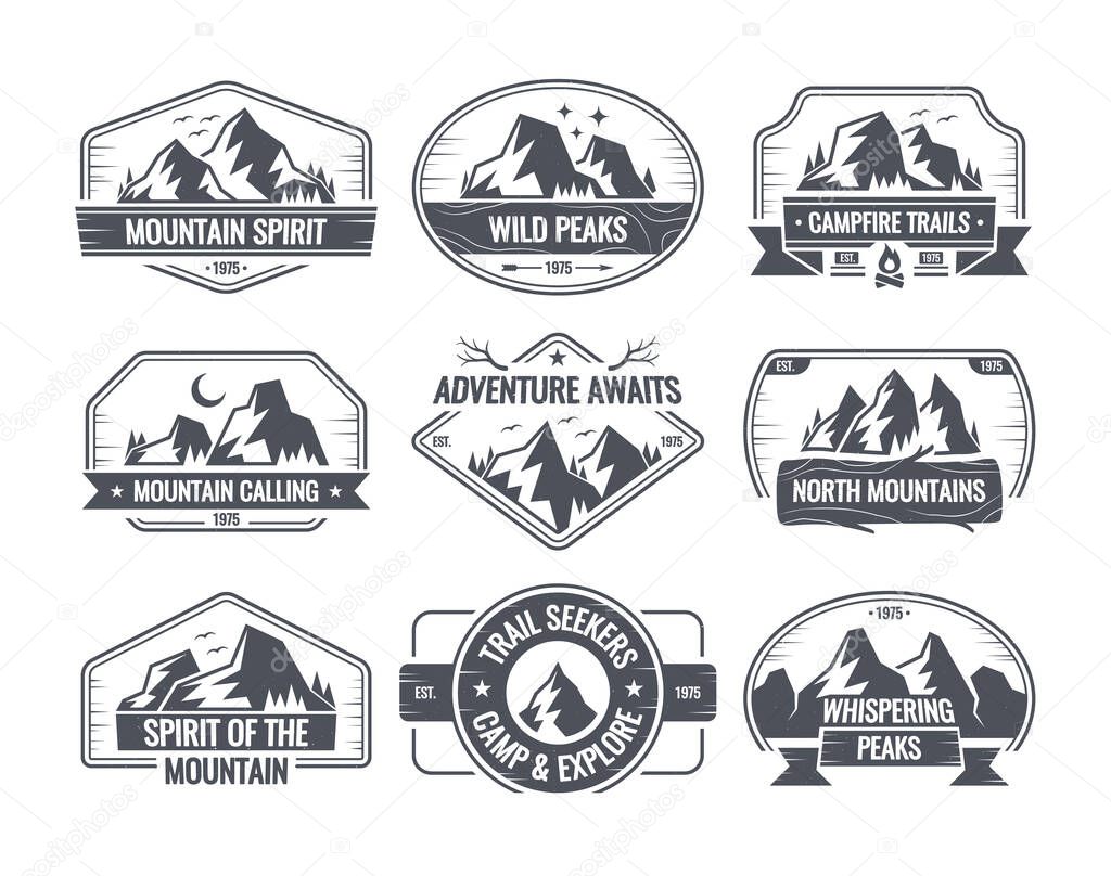 Mountain spirit and adventure with campfire trails exploration of wild and whispering peaks emblem set. Black-and-white outdoor travel posters, camping retro sketch designs set vector illustration