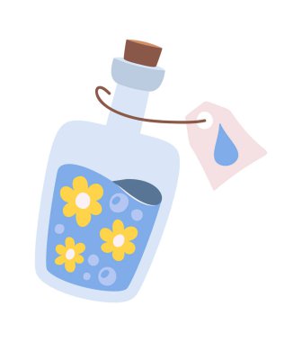 Çiçekli mavi sihirli iksir. Cam şişe.