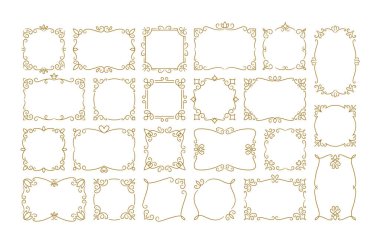 Klasik tasarım ve davetiye seti için zarif altın çerçeveler ve dekoratif sınırlar. Gösterişli ve süslemeli vektör illüstrasyonlu geometrik süslemeli desen grafikleri