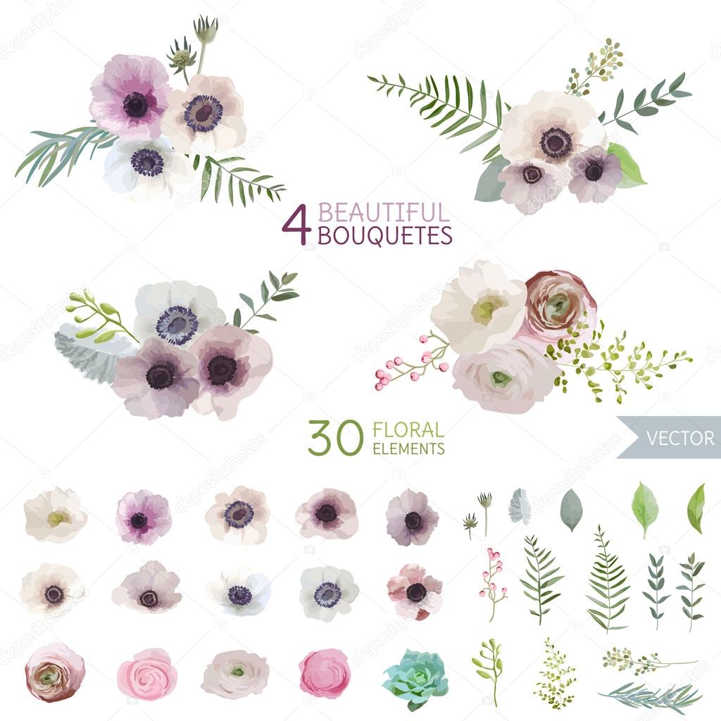 Flowers and Leaves - in Watercolor Style - vector