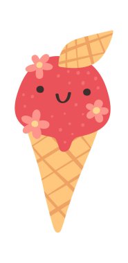 Tatlı dondurma külahı gülümseyen kawaii karakteri.