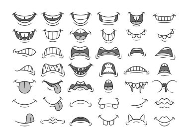 Komik komik ağızlar, çeşitli ifadeler ve pozitif ya da negatif duygu vektör illüstrasyonuyla hazırlanmış modaya uygun retro elementler. Geniş spektrumlu mizahi duygulara ve tepkilere sahip çizgi film simgeleri