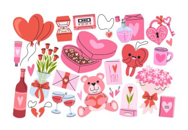 El yapımı sevgililer günü hediyeleri. Nişan için sevimli romantik unsurlar ve aksesuarlar. Tatlılar, oyuncaklar, çiçek buketleri, altın yüzük, evlenme teklifleri için tebrik kartları ve içten bir jest çizimi
