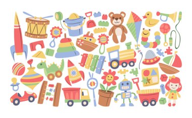 El yapımı anaokulu çocuk oyuncaklarının geniş ve canlı düzenlemesi. Çeşitli sanatsal objeler, büyüleyici oyuncaklar, çocukluk eğlencesi ve oyun vektör illüstrasyonu için oyun zamanının tuhaf özü