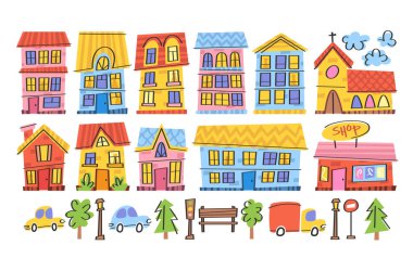 Elle çizilmiş renkli şehir mağazaları, tuhaf kasabalar için evler çocuksu bir şekilde hareketli şehir manzarası. Oyuncu şehir manzarası mimarisi, ulaşım, park bahçesi bitki örtüsü çizimi