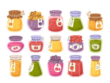 Tatlı meyveler, böğürtlen reçeli tatlı kavanozları ve ev yapımı cam şişeler renkli çeşitlilikte izole edilmiş. Doğal koruma alanları ve organik konserve yiyecekler, canlı ambalaj vektörü çizimi