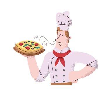 Mutlu aşçı, profesyonel karakter pizza servisi yapıyor.