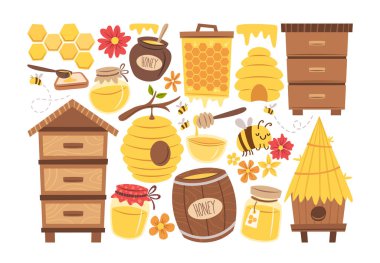 Apiary business, organik tarım, doğal bal temel arı ürünleri, arıcı aletleri ve çiçek karikatür seti. Tarımsal endüstri tasarım vektörü illüstrasyonunun çiftlikten sofraya süreci