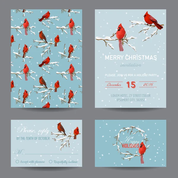 Kerstmis Winter vogels - uitnodiging of wenskaart Set — Stockvector