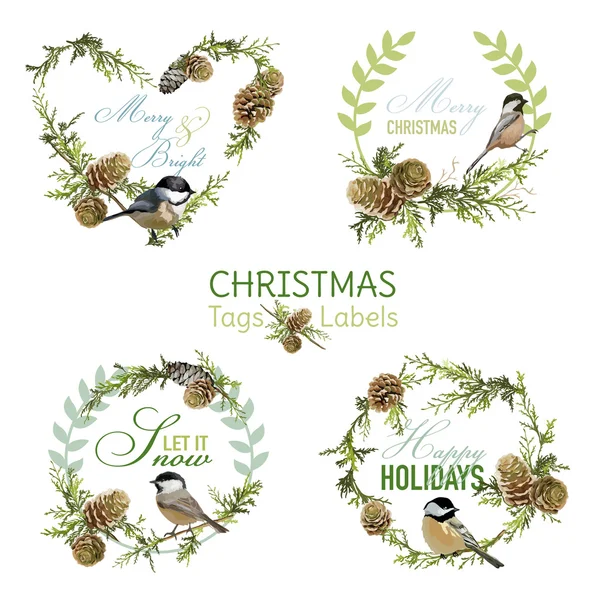 Vintage Christmas Birds - Banners, Etiquetas y Etiquetas - en vector — Archivo Imágenes Vectoriales