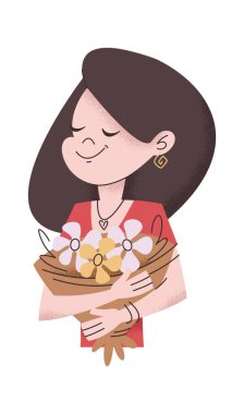 Güzel kadın çizgi film karakteri elinde çiçek portresi tutuyor.