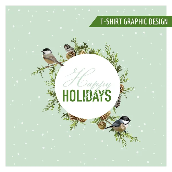 クリスマス冬鳥のグラフィック デザイン - ファッション、t シャツを印刷します。 — ストックベクタ