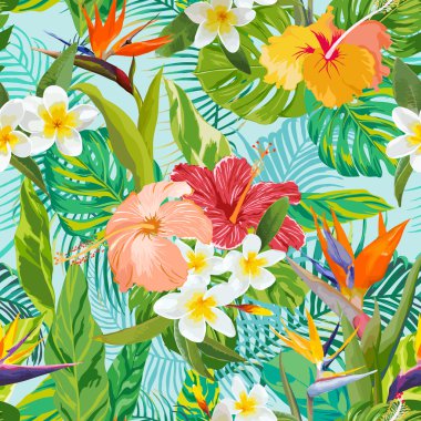 Tropik çiçekler ve arka plan - Vintage Dikişsiz desen bırakır