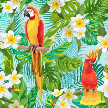 Tropik çiçekler ve kuşlar arka plan - Vintage Seamless Modeli