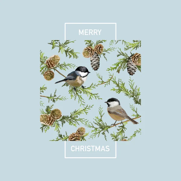 Винтажная рождественская открытка - Зимние птицы в акварельном стиле — стоковый вектор