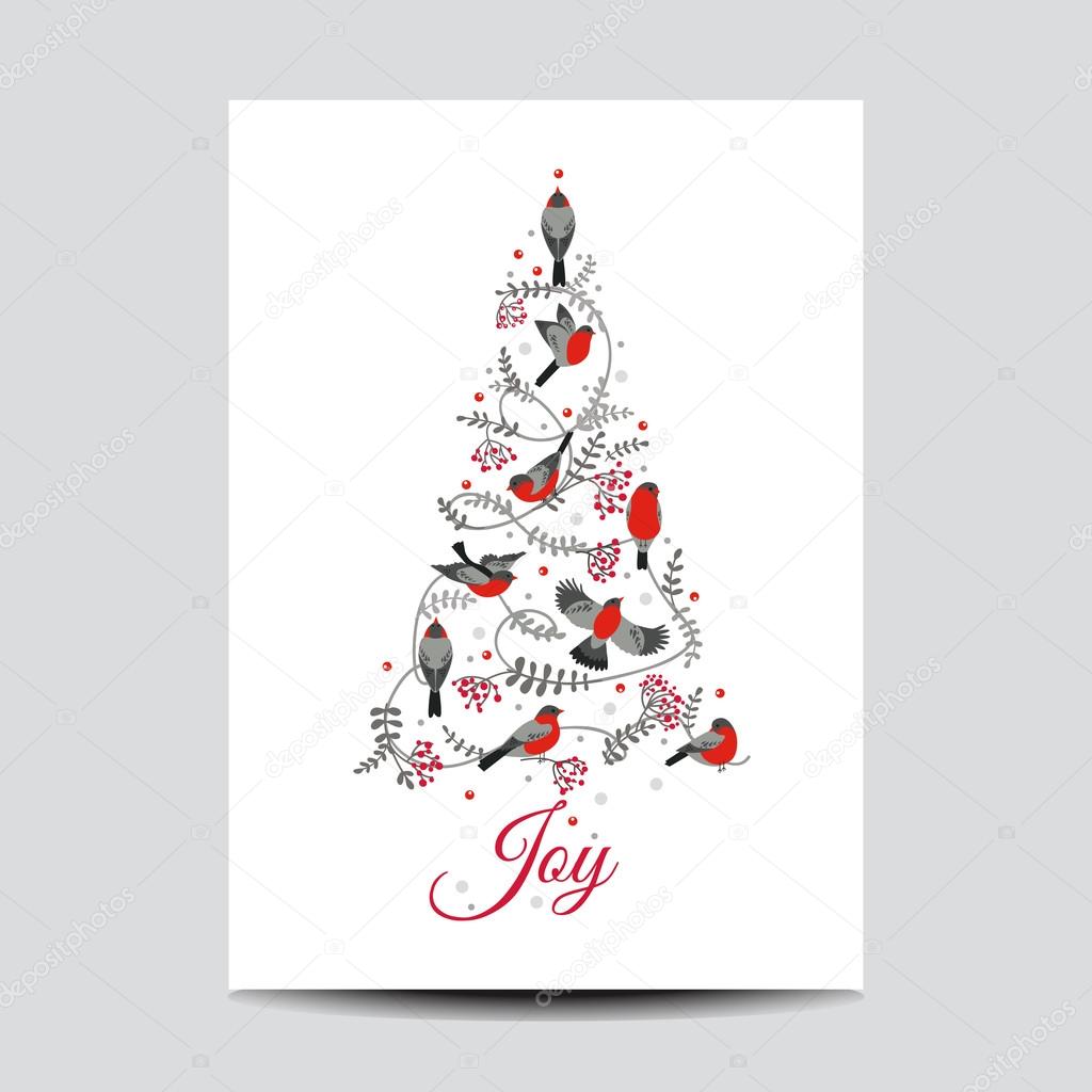 Retro Christmas Card - Birds on Christmas Tree - for invitation, congratulation