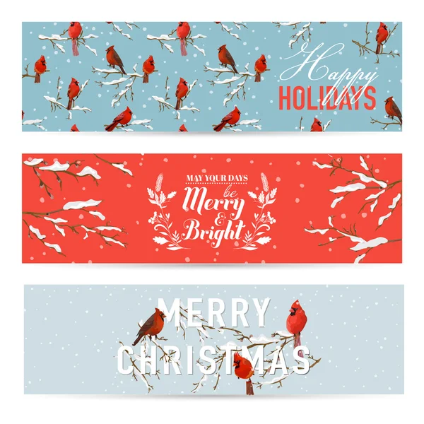 Banners de Navidad, Etiquetas, Etiquetas - Vintage Winter Birds — Archivo Imágenes Vectoriales