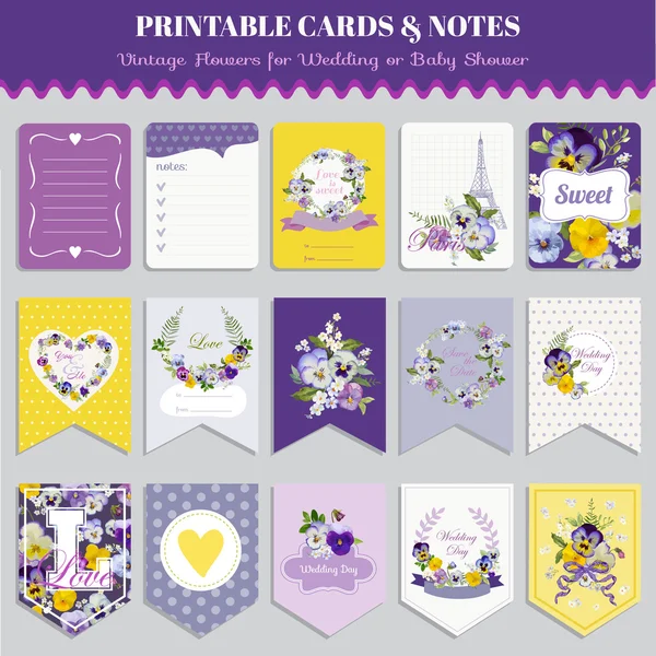 Set de tarjetas Vintage Pansy Flowers - para cumpleaños, boda, baby shower — Archivo Imágenes Vectoriales