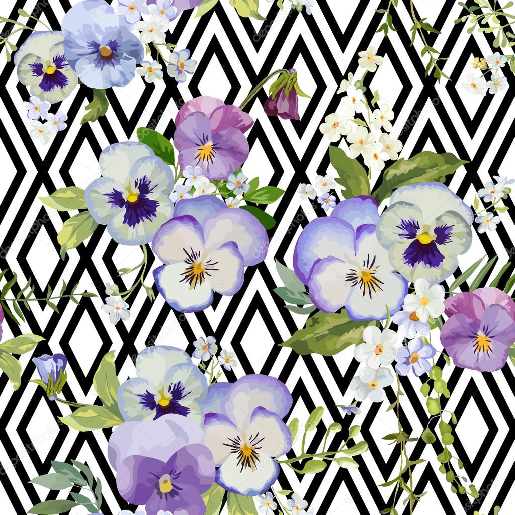 Pansy Flowers Geometric Background - Seamless Floral Shabby Chic