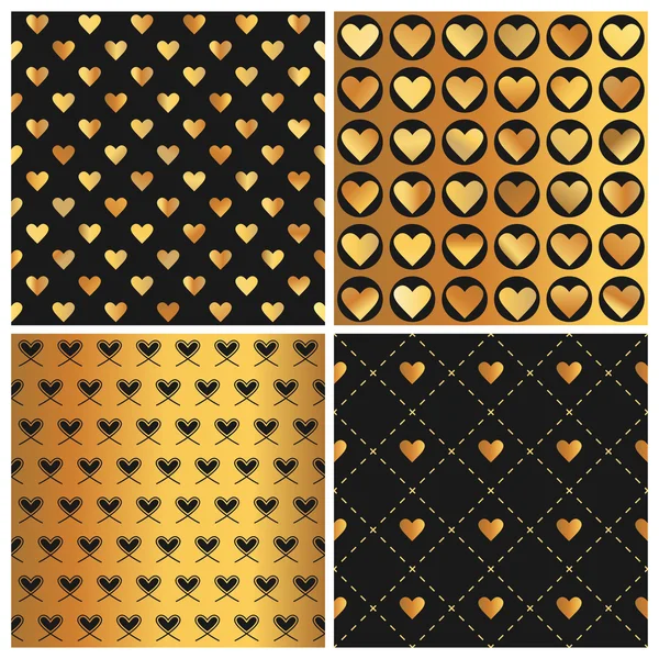 San Valentino Gold Heart Patterns - 4 Sfondi senza soluzione di continuità — Vettoriale Stock