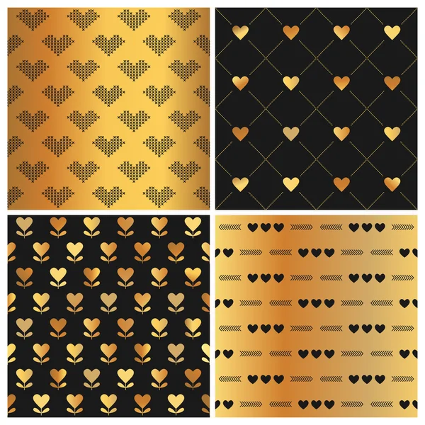 San Valentino Gold Heart Patterns - 4 Sfondi senza soluzione di continuità — Vettoriale Stock