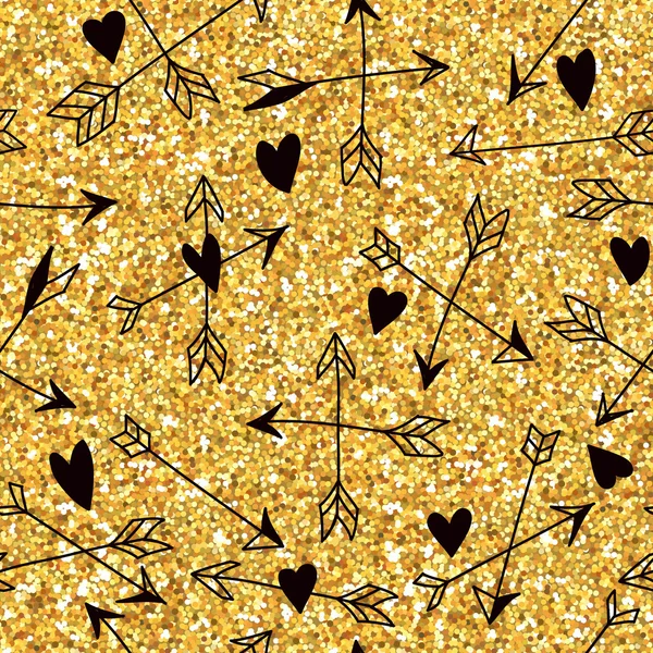 Cuore di San Valentino Gold Glitter Pattern - Sfondo senza cuciture — Vettoriale Stock