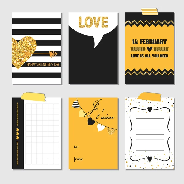 Conjunto de tarjetas de amor con brillo dorado - Boda, Día de San Valentín — Vector de stock