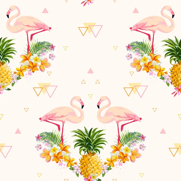几何的菠萝和火烈鸟背景-无缝模式 — 图库矢量图片
