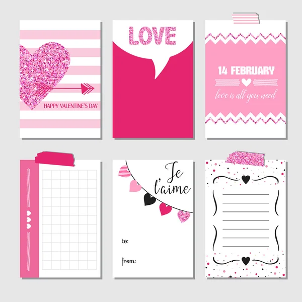 Conjunto de tarjetas de amor con brillo rosa - Boda, Día de San Valentín, Invitación — Archivo Imágenes Vectoriales