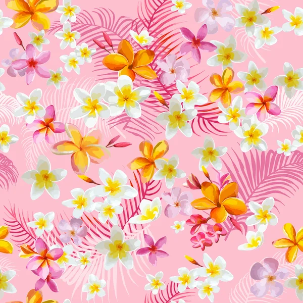 热带花卉和叶子背景-老式无缝模式 — 图库矢量图片