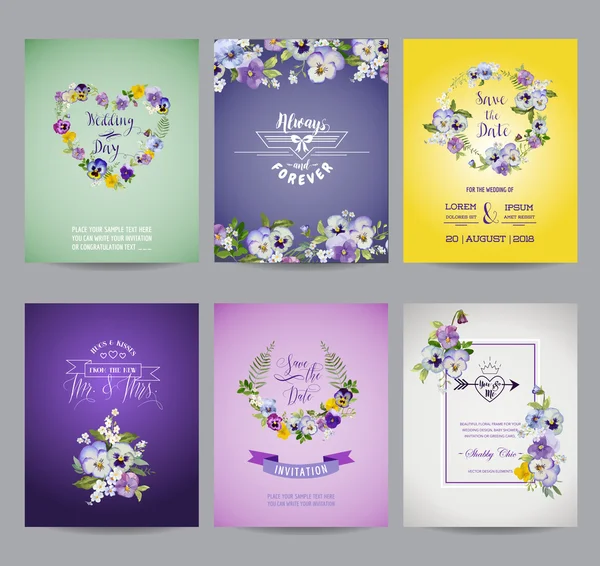 Set de tarjetas Vintage Pansy Flowers - para bodas, cumpleaños, baby shower — Vector de stock