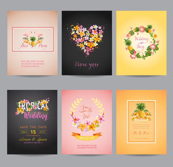 Conjunto de cartões de flores tropicais - para casamento, aniversário, chá de bebê — Vetor de Stock