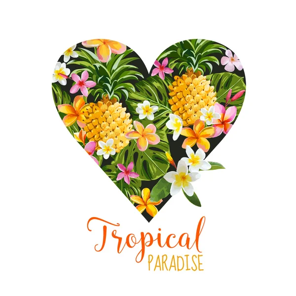 Florales Herz Grafik-Design - Thema tropische Blumen - für T-Shirt — Stockvektor