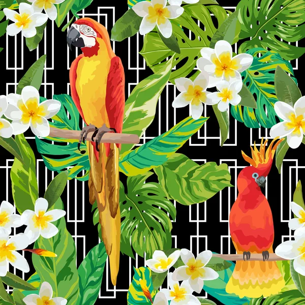 Tropical Flowers and Birds Geometric Background - Vintage Seamless Pattern — Stock Vector