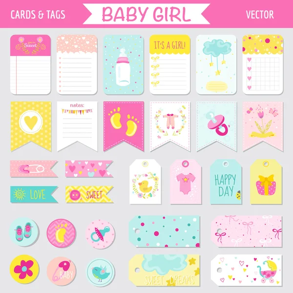 Baby flicka dusch eller ankomst Set - Taggar, banderoller, etiketter, kort — Stock vektor