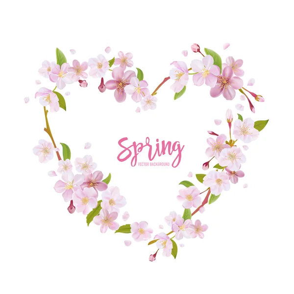 Fondo de primavera de flor de cerezo - con corona floral en vector — Vector de stock