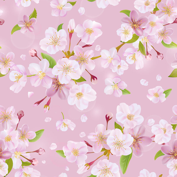 Cherry Blossom Spring Background - Seamless Pattern - in vector
