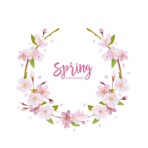 Cherry Blossom Spring Background - with Floral Wreath in vector — Stock Vector