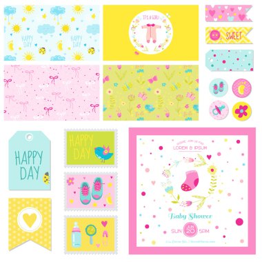 Bebek duş küçük kız Set - partisi, Baby Shower, karalama defteri, doğum günü için