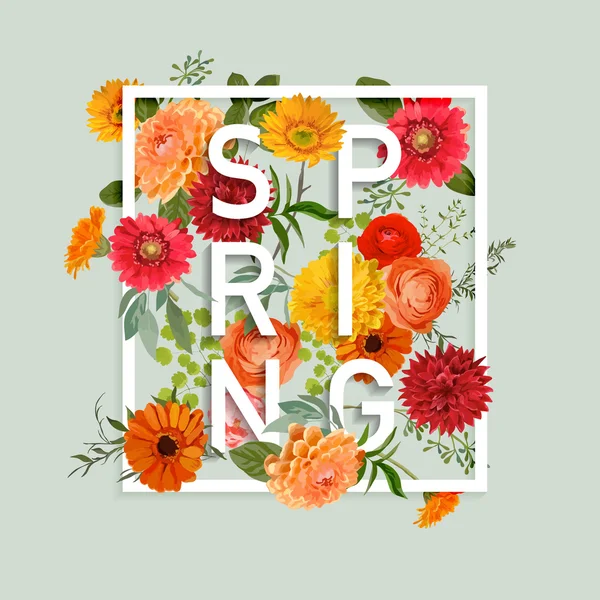 Diseño gráfico floral de primavera - con flores de colores - para camiseta — Vector de stock