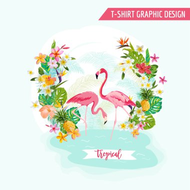 Tropikal grafik tasarım - Flamingo ve tropik çiçekler - t-shirt için